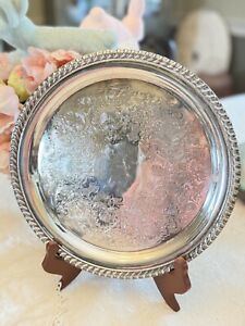 Wm Rogers Vintage Round Silverplate Rope Edge Tray Etched Floral Scrolls 10 25 D