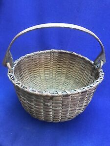 Antique American Splint Woven Swing Handle Basket Double Wrapped Rim