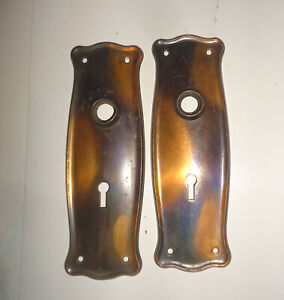 Set 2 Matching Antique Door Knob Back Plates Japanned Copper Vintage Lot 1