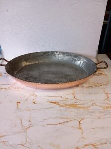 Vintage Large Oval Shaped Copper Hammered Roasting Pan With Brass Handles 