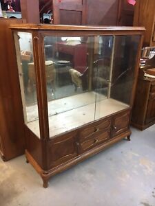 Beautiful French Antique Display Case W Mirrored Back Glass Doors Drawers Rare