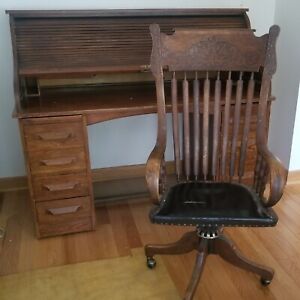 Antique Roll Top Desk And Chair Oak Beautiful Finish