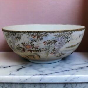Ca 1920 Japanese Kutani Porcelain Landscape Floral Bird Motifs Lobed Base Bowl