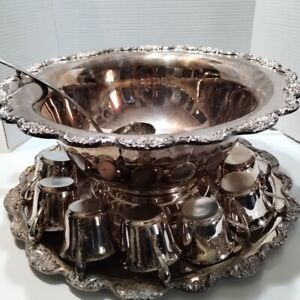 15 Piece Vintage Elegant Towle Silverplate Large Punch Bowl Tray Dipper 12 Cups