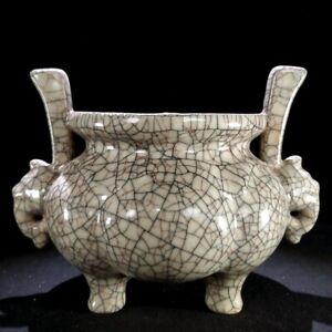 7 8 Old China Porcelain Song Ge Kiln Beast Ear Three Legged Stove