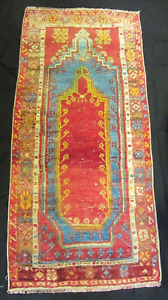 Turkish Anatolia Prayer Rug Wool Antique Rare Beautiful Reds Blues 25 X 52 