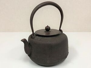 Y3869 Tetsubin Iron Pot Copper Lid Iron Tea Kettle Teapot Japan Antique Kitchen