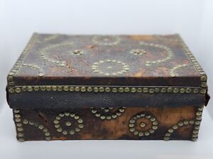 Antique Leather Wood Primitive Document Box Brass Tack Studded English Folk Art