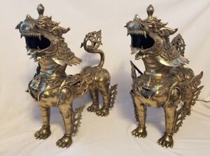 Tibetan Brass Large Foo Dogs Foo Lions Statues Anatomically Male Female Heavy