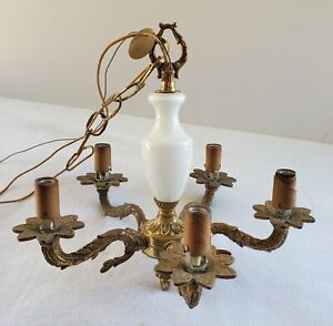 Vintage Petite Brass Bronze Milk Glass Chandelier Light W Chain Spain