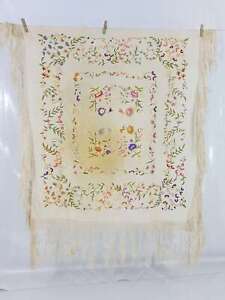 Antique Chinese Hand Embroidered Silk Floral Piano Shawl 92x82cm