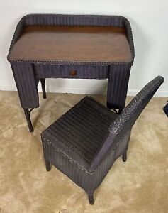 Lloyd Loom Vintage Black Wicker Desk And Chair Heywood Wakefield With Label
