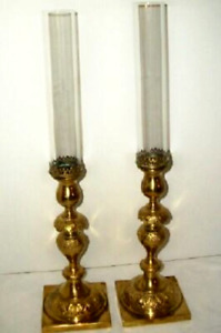 1870s Bronze Altar Sabbath Candlesticks Glass Hurricanes Norblin Co Galw Pair