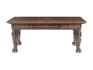 Antique Table Trestle Renaissance Revival Carved Walnut 1800s 19th C 
