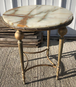 Marble Top Round Brass 4 Leg End Table Vintage Side Accent Filigree
