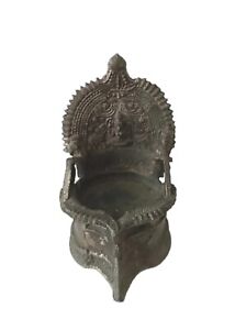 Hindu Antique Handcrafted Goddess Of Wealth Lakshmi Embossed Bronze Oil Lamp