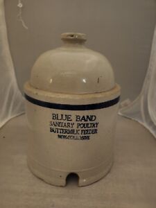 Blue Band Sanitary Poultry Buttermilk Feeder White Hall Stoneware Circa 1900