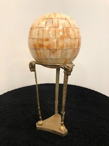 Vintage Brass Tripod Stand With Rams Holding Inlaid Bone Carpet Ball
