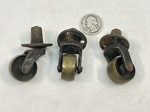 3 Antique Small Cast Iron Furniture Casters Chair Table Brass Wheels Rollers1800