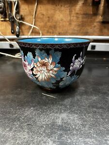 Large Antique Chinese Blue Floral Cloisonne Enamel Bronze Basin Centerpiece Bowl