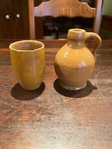  2 19th Century American Redware Miniatures Jug And Open Crock