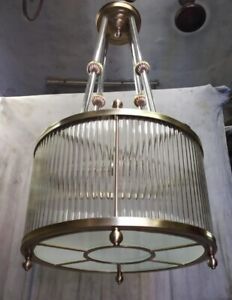 Vintage Antique Art Deco Brass Glass Rod Ceiling Fixture Light Chandelier Lamp