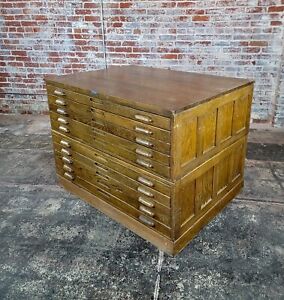 Hamilton Vintage Oak Double Stack 10 Drawer Flat File Map Cabinet