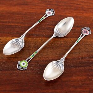3 Whiting Sterling Silver Enamel Demitasse Spoons Openwork Floral Finials