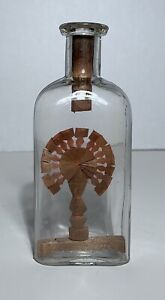 Antique Whimsy Folk Art Hand Carved Wood Fan In Bottle Signed