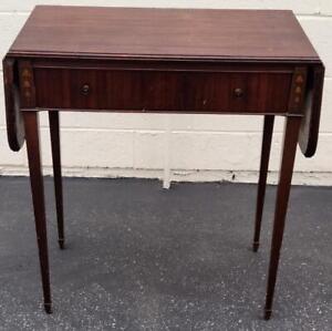 Antique Solid Wood Drop Leaf Accent Table Lovely Veneer Inlay With Drawer