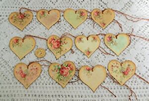 12 Valentines Day Shabby Ephemera Heart Fussy Cut Linen Cardstock Gift Hang Tags