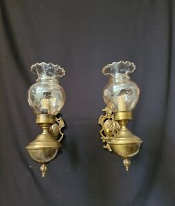 Vintage Pair Of French Brass Glass 1 Light Sconces Wall Lights