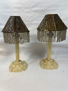 Unique Pair Antique Candle Stick Oil Light With Beaded Shade 3406