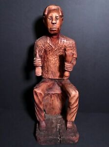 Early 20th C Folk Art Hand Carved Wood Of Seated Figure Drinking Excellent
