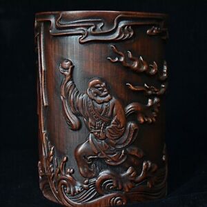 Chinese Wood Brush Pot Old Bamboo Carved Arhat Taming Dragon Pen Holder Collect