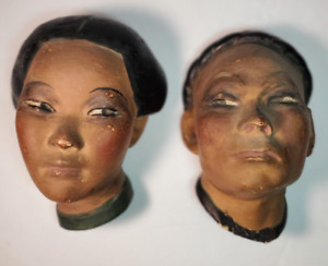 Raku Art Pottery 2 Clay Asian Oriental Man Woman Painted Faces Wall Art Pair