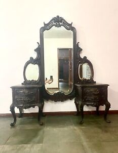 Antique Vintage Chippendale Vanity Dressing Table With Mirror And Drawers
