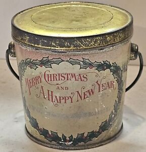 Antique Tin Merry Christmas Happy New Years Sand Pail Lid Candy Bucket