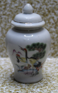Vintage Porcelain Chinese Urn Vase White Ginger Jar Red Crowned Crane 3 5 High