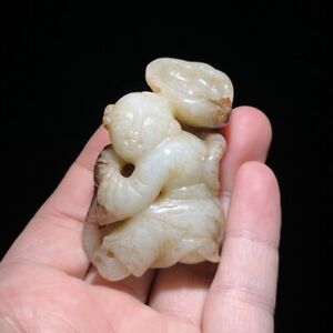 Chinese Antique Song Dynasty Hetian Ancient Jade Carved Figure Lotusleaf Pendant