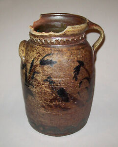Old Antique Vtg Ca 1800s Blue Brown Decorated Stoneware Jar Bird Plants Carved