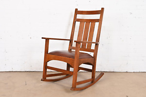 Stickley Harvey Ellis Collection Arts Crafts Oak And Leather Rocking Chair