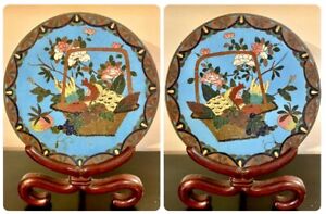 Antique Japanese Early Meiji Pair Of Cloisonne Plates