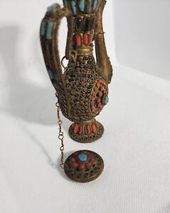 Tibetan Brass Metal Filigree With Coral Turquoise Inlay