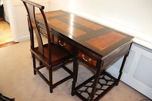 Chinese Antique Elm Desk And Chair With Carvings