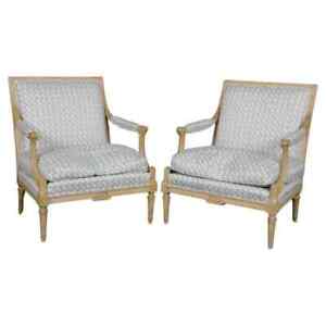 Fantastic Pair Carved Beech Wood French Louis Xvi Directoire Bergere Chairs