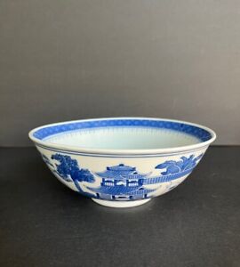Chinese 1970s Wood Fired Hand Painted Blue And White Porcelain 8 75 Soup Bowl