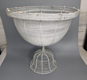 Antique Vintage French Country Egg Basket Metal Wire Rolled Top Chippy Pedestal