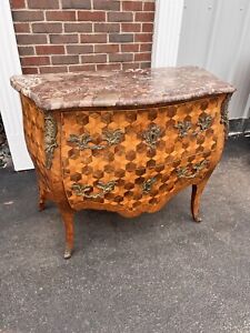 Vintage 20th C French Style Louis Xv Inlaid Marble Top Dresser Commode Chest