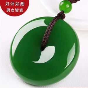 Chinese 100 Natural Hand Carved Hetian Jade Pendant Green Necklace Lucky Donuts